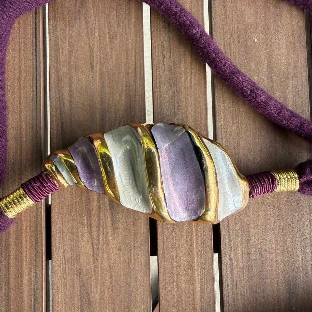 Vintage Artisan Ceramic Shell Rope Belt Purple Gold Glazed Sculptural Tie Belt